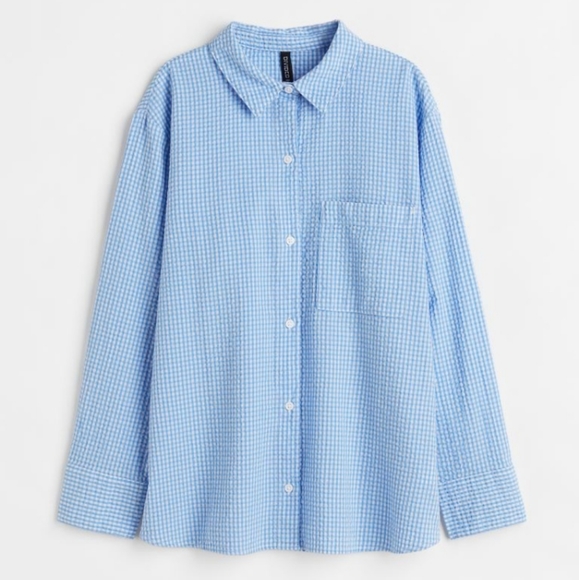 🆕️NWT H&M "Seersucker Shirt" in 'Light Blue/White Checked' - Picture 1 of 15
